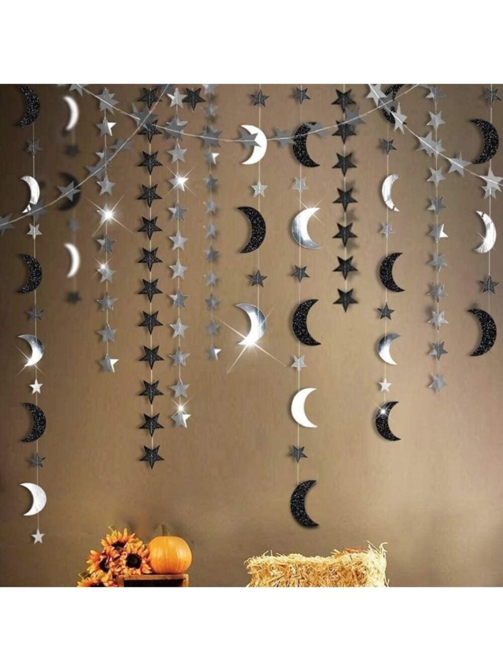 Gothic Black Silver Moon Garland - Celestial Star Streamer for Halloween